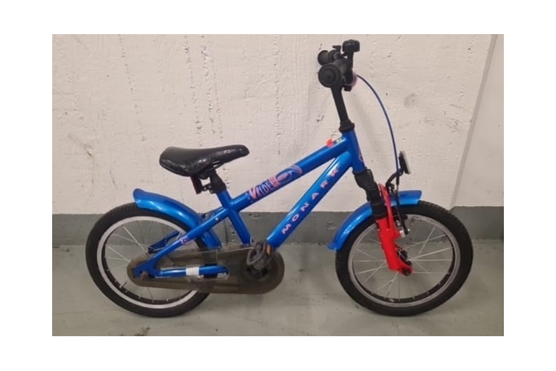 Monark, 16", singlespeed, blue and red, shocks,